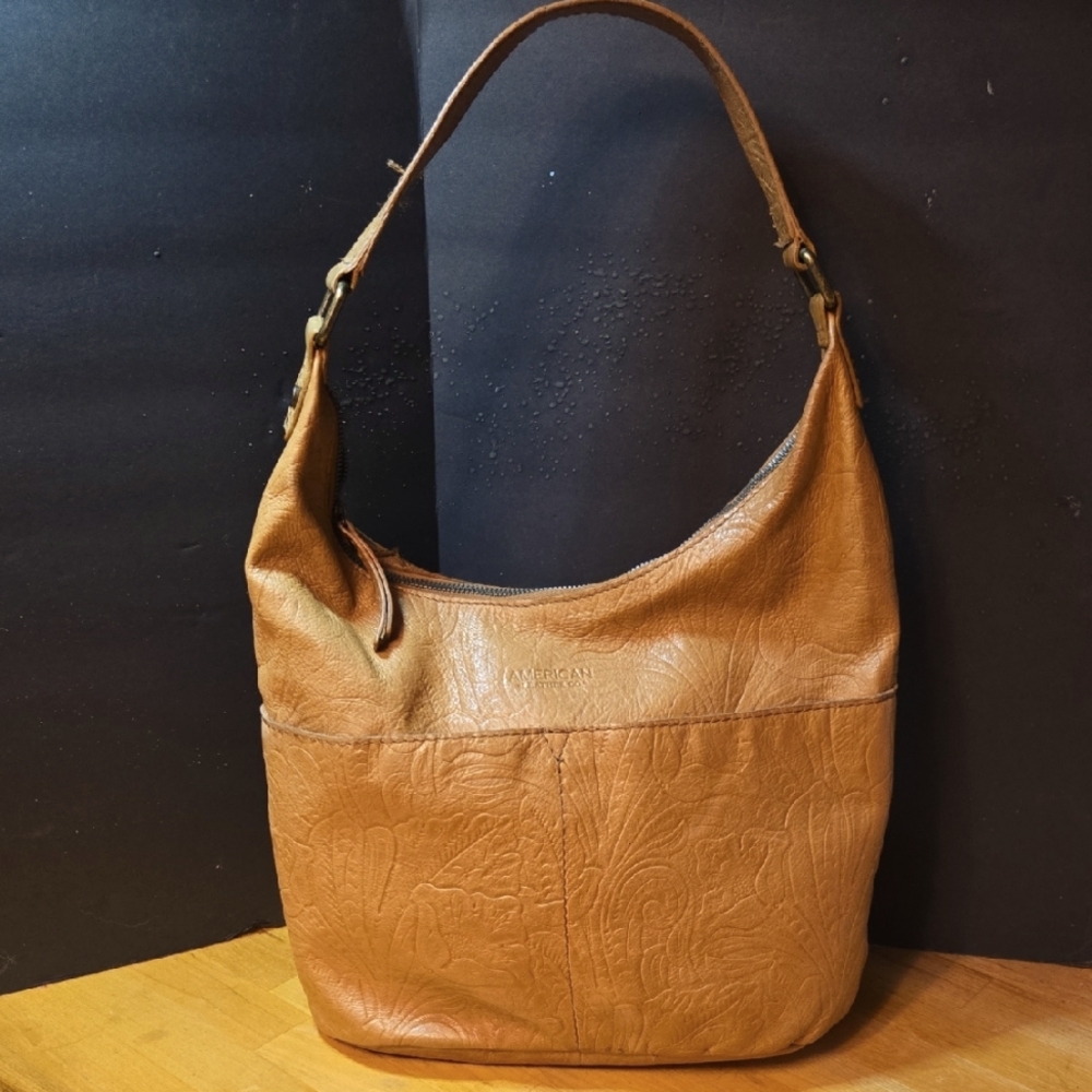 American Leather Co. Tooled Leather Carrie Hobo Bucket Bag